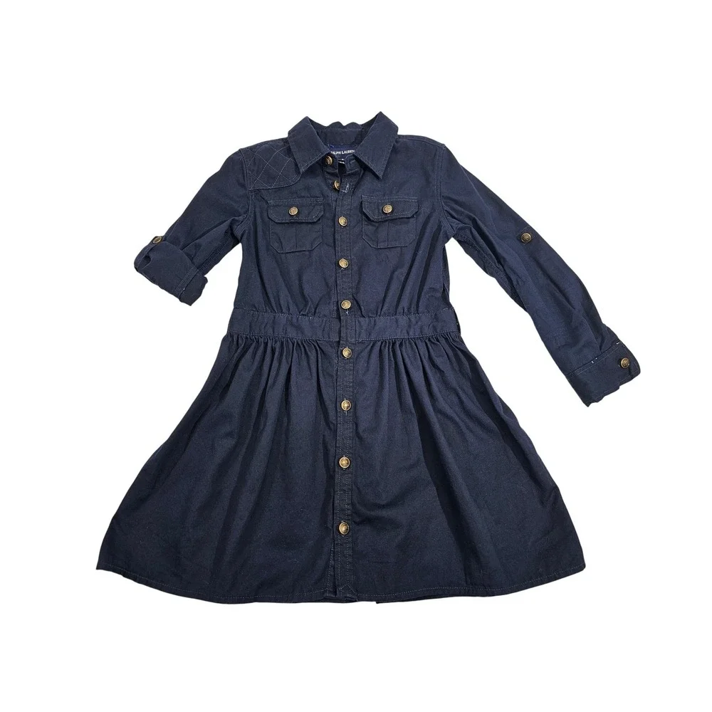 Ralph Lauren Shirt Dress Kids 6 Navy Blue Cotton Button Down Long Sleeve Classic